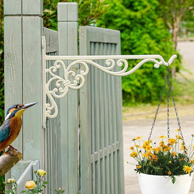 Sungmor Decorative Cast Iron Hanging Bracket - 15.6" Thickened Outdoor Metal Plant Hangers, Vintage Scroll Design for Signs, Planters, Lanterns, Bird Feeders - 2 Pack Heavy Duty Wall Hooks, White