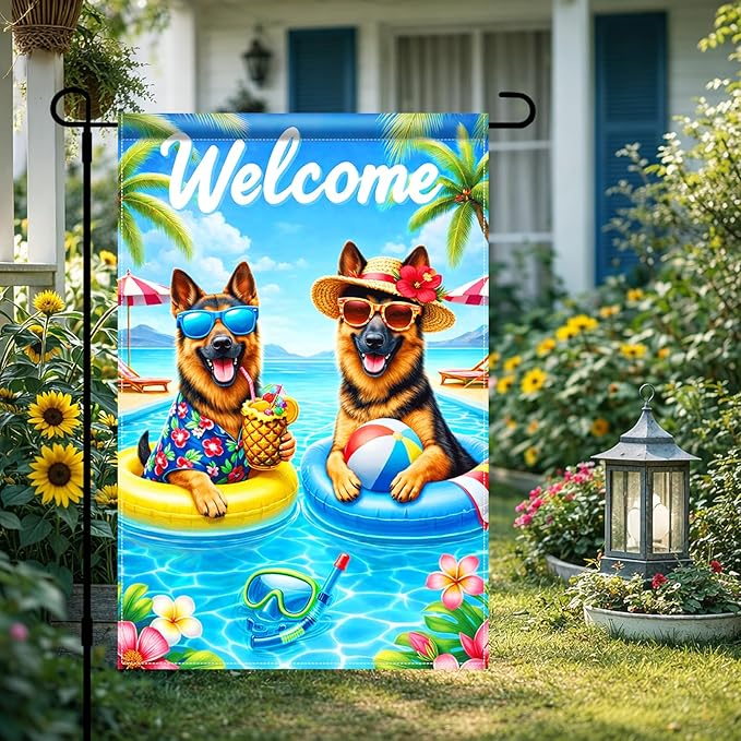 BlissYard Welcome Summer German Shepherd Garden Flag 12x18 Double Sided Vertical Outdoor Pool Dog Decor Tropical Beach Yard Lawn Patio Poolside Banner