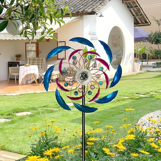 46" Wind Spinners for Yard and Garden with Solar LED Light, Metal Kinetic Wind Spinner Outdoor Decor, Wind Sculpture Yard Art Decorations for Patio, Lawn & Garden