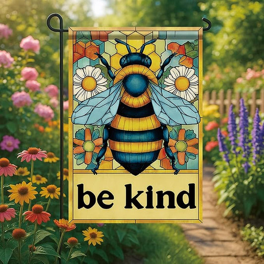 Spring Summer Garden Flag 12x18 Inch Be Kind Bee Stained Glass Floral Art Design Outdoor Yard Porch Lawn Garden for Seasonal Farmhouse Cottage Home Decor