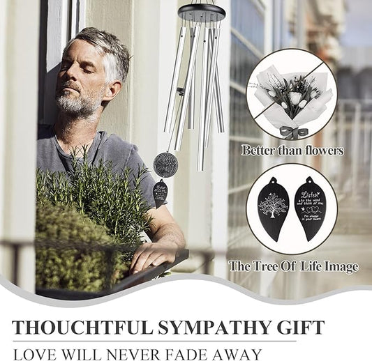 Memorial Wind Chimes for Loss of Loved One, Sympathy Wind Chimes with Tree of Life, Remembrance in Memory of Mom Dad, Bereavement and Condolence Memorial Gifts (Silver Black)