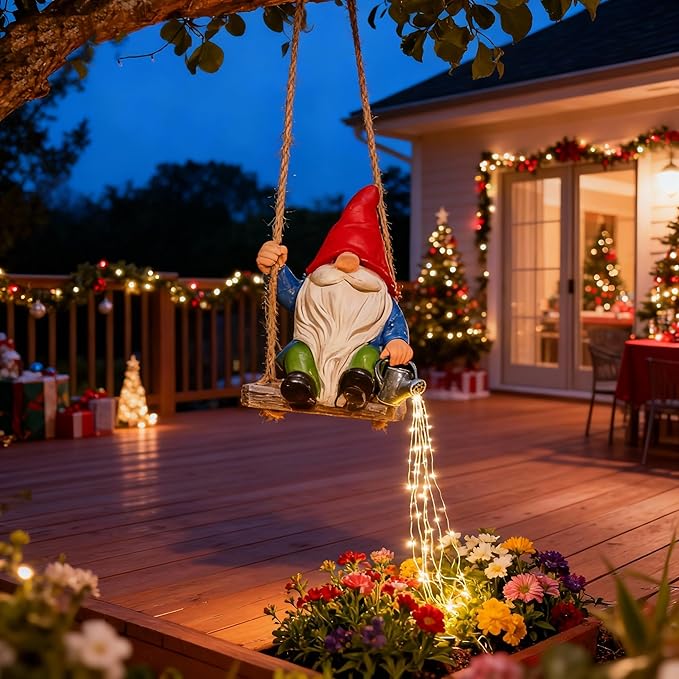 Watering Can Solar Lights Garden Gnomes Hanging Statues, Swing Gnome Cascading LED Decorations for Outside Backyard Yard Patio Tree Wall, Hoswarming Birthday Gifts for Woman Mom Grandma