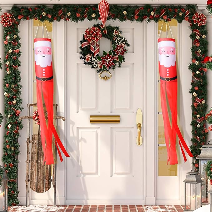Tatuo 2 Pieces Christmas Windsock Santa Claus Windsock Santa Outdoor Hanging Windsocks Winter Decorative Fabric Wind Sock for Tree Decorations Front Yard Porch Patio Lawn Garden Party