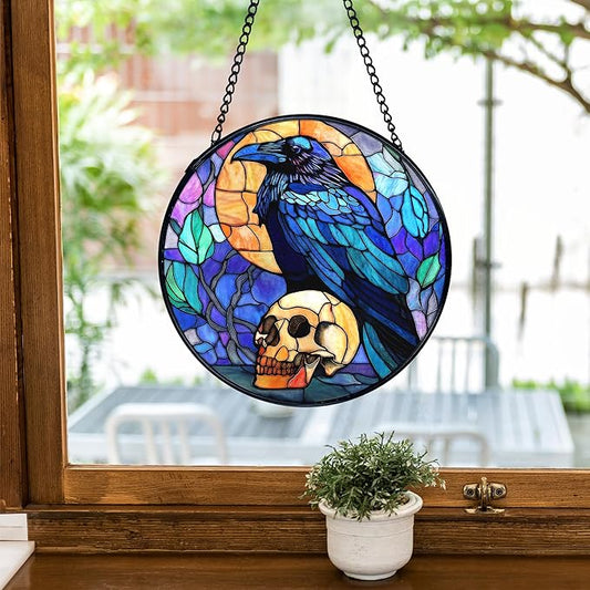 TNUW Black Raven Halloween Stained Glass Window Hanging, Gothic Skull Black Crow Sun Catchers Indoor Window Glass Round Wall Art Decor, Halloween Wall Hanging Decorations, 7.9"x7.9"