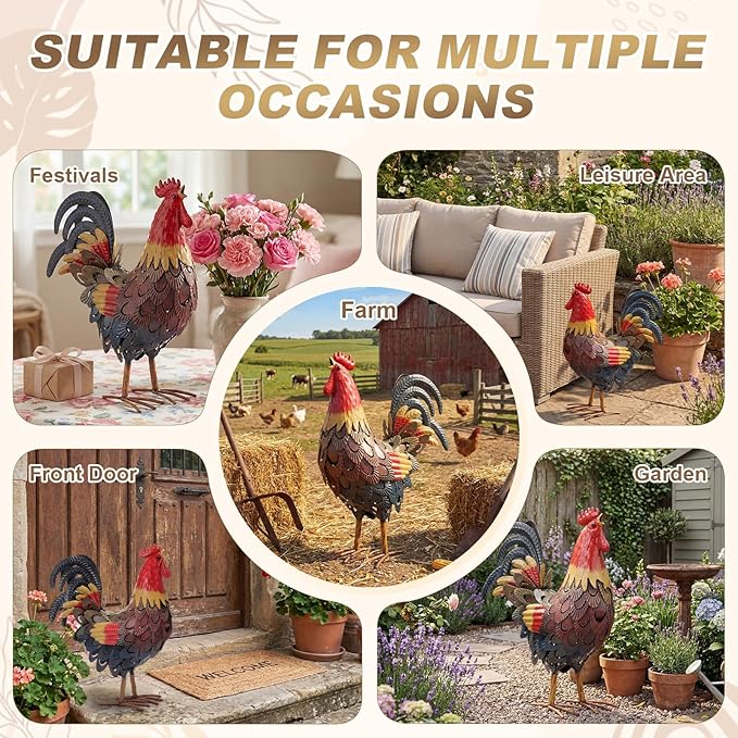 Zhengmy Metal Rooster Garden Statue Lifelike Colorful Metal Rooster Yard Decor Hand-Painted Iron Chicken Sculpture for Patio Lawn Backyard Farmhouse Outdoor Indoor Decoration (Red)