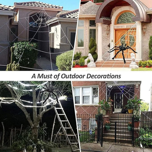 Halloween Spider Web Decoration 16ft + Giant Spider 35" Black + Stretchy Dense Spider Silk Rope and 2 Small Spiders Triangular Huge Spider Web for Indoor/Outdoor