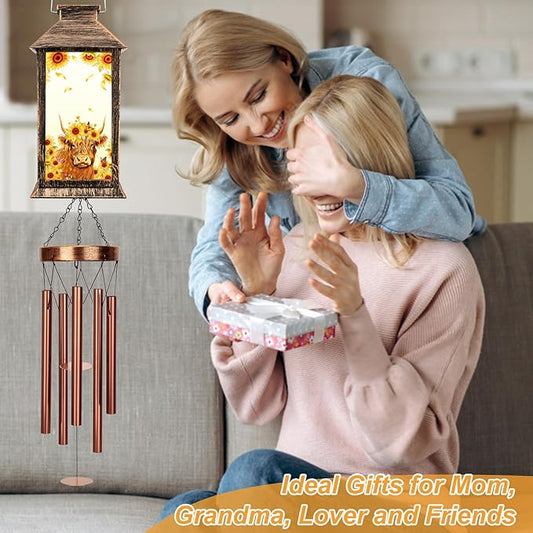 YHmall Highland Cow Wind Chimes for Outside, 37" Windchimes Outdoor Memorial Gifts for Women Mom Grandma, Hanging Solar Lantern Wind Chimes for Patio Garden Outdoor Decor