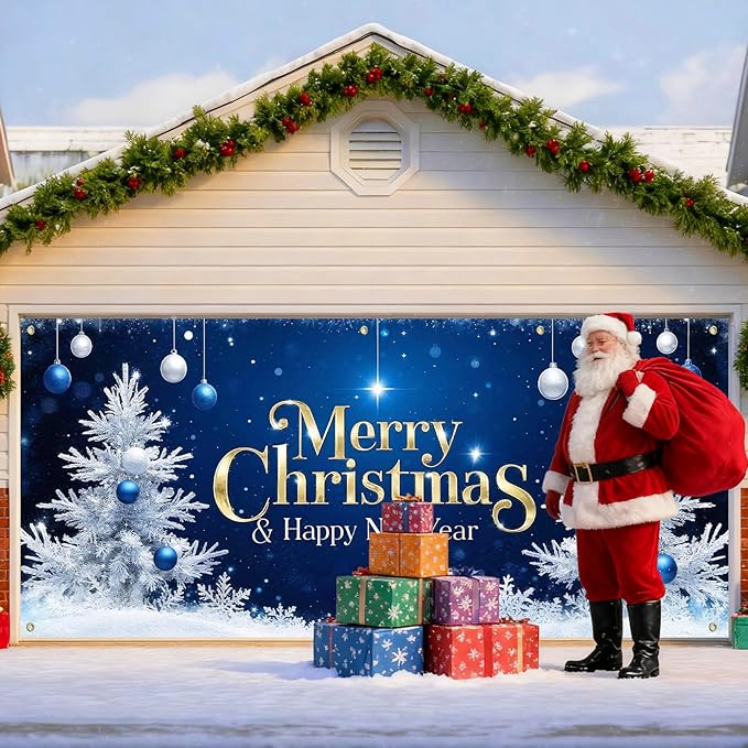 IVN Christmas Garage Door Cover Decoration 13x6ft Blue Night Sky White Trees Gold Lettering Ornaments Merry Christmas Winter Garage Door Banner Home Door Front Yard Decor for Xmas Eve Holiday Outdoor