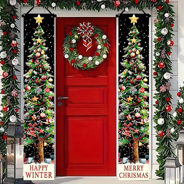 BlissYard Xmas Tree Banner Happy Winter Christmas Door Banner Holiday Wall Hanging Decoration with Red Green Gold Ornament Design Vertical Door Entryway Banner for Indoor Outdoor Seasonal Home Decor