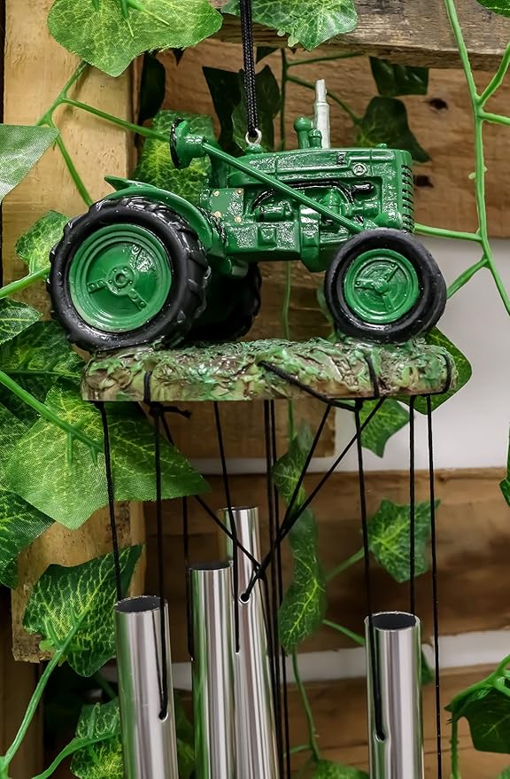 Ebros Gift Old Fashioned Vintage Country Agricultural Farm Green Tractor Model Resonant Relaxing Wind Chime Patio Garden Accent of Rustic Countryside Farming Cottage Theme