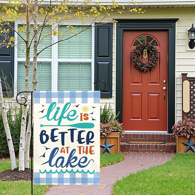 Life Is Better at the Lake Garden Flag Lake House Yard Flags Summer Coastal Cabin Dock Porch Patio Welcome House Banner Rustic Farmhouse Lakefront Home Outside Decoration 12x18 Inch