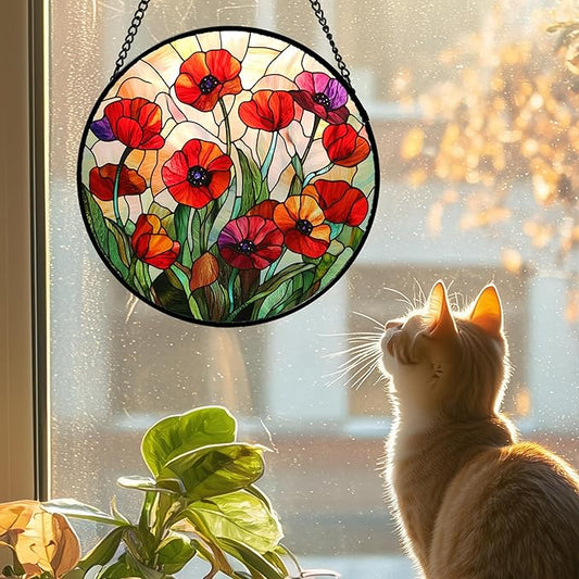 Stained Glass Window Hanging - Poppy Birth Flowers Suncatcher for Door Garden Yard Wildflowers Sun Catchers Decor Christmas Mother's Day Birthday Gifts for Women Mom Nana Friend 7.8 in
