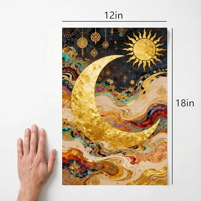 Sun and Moon Garden Flag for Outdoor Decor, Double Sided Seasonal Yard Flag with Golden Celestial Design, 12x18 Inch, Pole Not Included