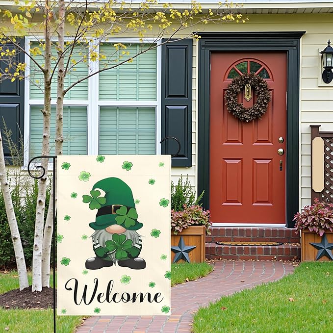 St Patrick’s Day Garden Flag 12x18 Inch Welcome Gnome with Shamrocks Double Sided Outdoor Yard Flags Irish Clover Decorations for Spring Porch Patio Lawn Farmhouse Seasonal Holiday Décor