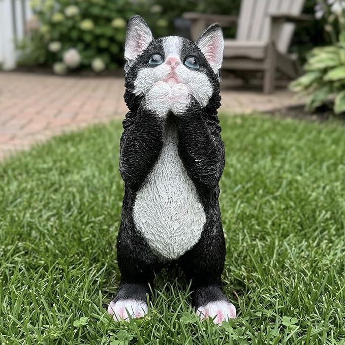 Praying Tuxedo Statues Outdoor Decorative, Cat Memorial Statue for Yard Lawn Patio Porch, Garden Pet Grave Marker Figures, 5.3" L x 3.7" W x 9.1" H