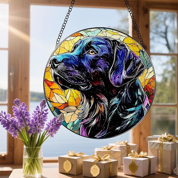 8โณ Stained Glass Window Hanging Ornament, Black Labrador Retriever Stained Glass Suncatcher Ornament, Sun-Catcher Window Decor | Gifts for Dog Lovers, Dog Lover Gift, Pet Lover Gift