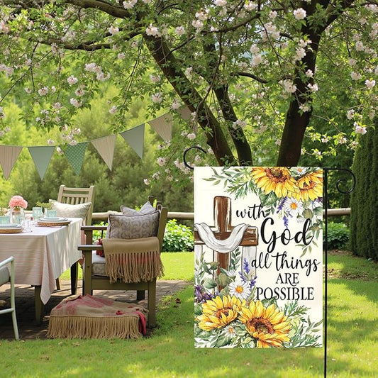 Summer Sunflower Christian Garden Flag with God All Things Are Possible Cross Floral Yard Flags Religious Faith Porch Decor Double Sided Spring Seasonal Front Lawn Decor 12x18 Inch