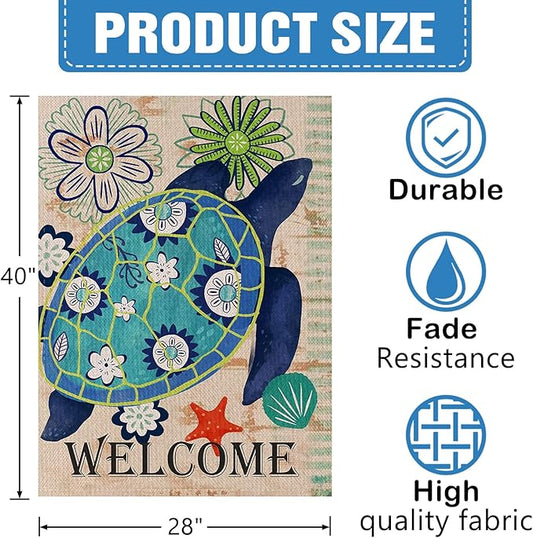 Dyrenson Turtle Beach 28 x 40 House Flag Welcome Summer Double Sided, Tropical Ocean Burlap Garden Yard Decoration Rustic Coastal, Nautical Sea Seasonal Outdoor Décor Decorative Large Flag