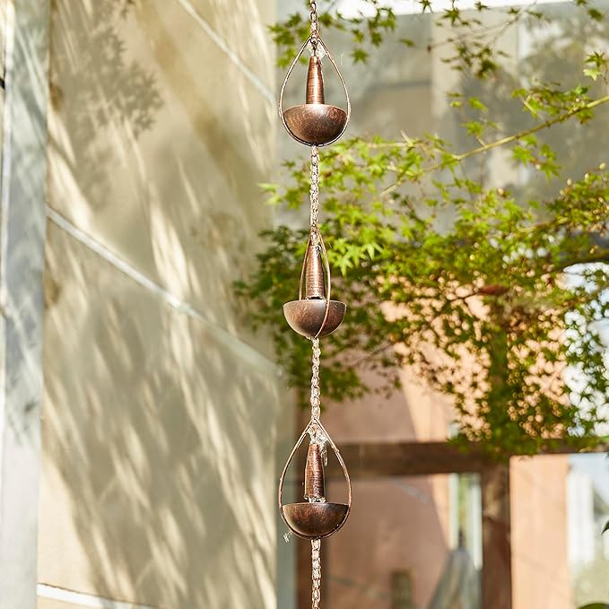 Glitzhome 8.5 FT Rain Chains, Faux Copper Bowl and Bell Rain Chains for Gutters with 10 Cups, Adjustable Rain Catcher Chain with V-Shaped Gutter