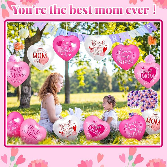 18 Pcs Happy Mother's Day Inflatable Heart Yard Decorations Large Mother's Day Heart Inflatable Hanging Ornament Giant PVC Outdoor Decoration for Mothers Day Garden Lawn Party