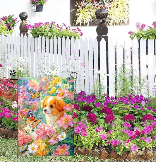 Spring Summer Welcome Garden Flag 12x18 Inch Double Sided Dog Floral Butterfly Burlap Small Yard Flag Seasonal Farmhouse Outside Outdoor Decoration