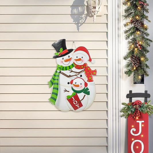 Glitzhome 30" H Metal Christmas Snowman Family Yard Sign with Stake, Xmas Decorative Standing Wall Hanging Decoration for Garden Home Lawn Pathway Walkway