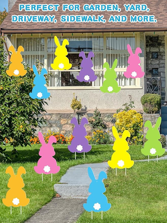 12Pcs Easter Yard Signs Outdoor Decorations Pastel Easter Bunny shaped Yard Signs with Stakes Cute Colorful Bunny Yard Decorations for Garden Lawn Home Party Supplies (12 Pcs Bunnies)