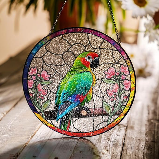 6" Parrot and Flowers Stained Glass Suncatcher Art Glass Bird and Flower for Sun Catcher Indoor Window Gift for Pet Animal Nature Floral Lover Women Mom Friend Painted Glass Panel Décor BIRD-03B-SG6