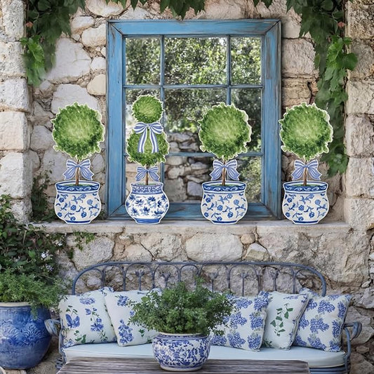 Lounsweer 4 Pcs Easter Chinoiserie Garden Stakes Decorations Hello Spring Blue and White Yard Signs Front Door Porch Decor for Farmhouse for Courtyard Patio Spring Lawn Holiday Outdoor Display