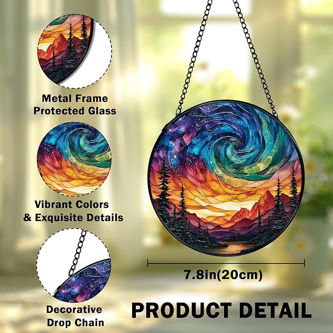 Northern Lights Suncatcher Stained Glass Window Hanging, Nature Mountain Aurora Borealis Sun Catchers Indoor Window Glass Wall Art Decor, Nature Wall Hanging Decor, 7.9x7.9 Inch 036-MH-BLGH