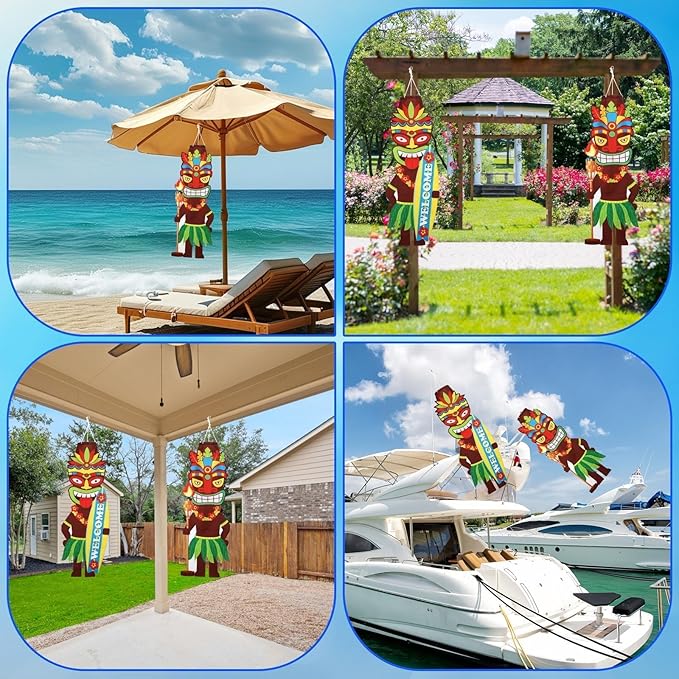 NOVWANG 2 PCS Luau Party Windsock, Hawaiian Party Hanging Decoration Tiki Outdoor Wind Sock for Yard Garden Patio Hawaii Luau Tropical Birthday Decor