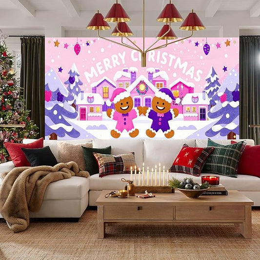 HOMETITUTE Christmas Garage Door Banner 13x6ft Pink House Gingerbread Man Backdrop with Purple Xmas Trees Snowflakes Star Lights Merry Xmas Sign Outdoor Yard Decoration