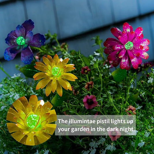 Flower Garden Stake Metal Outdoor Flower Garden Decor for Outside Yard Art Glow in Dark Yard Lawn Ornaments Decor,Set of 3,Colorful Flower