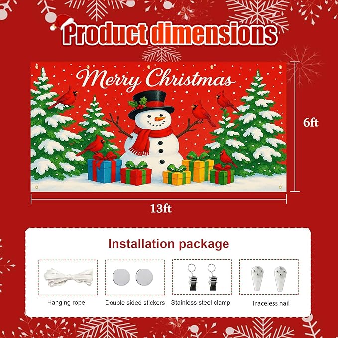 HOMETITUTE Merry Christmas Garage Door Banner 13x6ft Festive Backdrop Cheerful Snowman with Colorful Gifts Photo Prop Background for Joyful Holiday Yard Outdoor Winter Scene Display