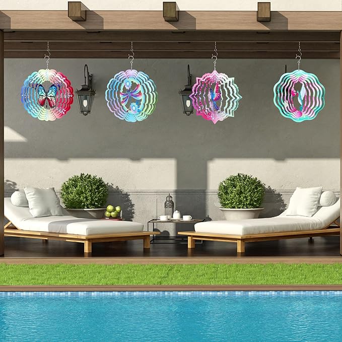 Maitys 4 Pcs Stainless Steel Wind Spinners Butterfly Dragonfly Hummingbird Gifts for Women 12 Inch 3D Iron Wind Spinners Hanging for Yard Indoor Outdoor Art Kinetic Sculptures for Garden Decorations