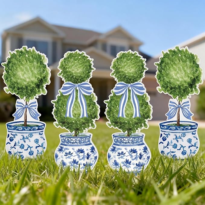 Lounsweer 4 Pcs Easter Chinoiserie Garden Stakes Decorations Hello Spring Blue and White Yard Signs Front Door Porch Decor for Farmhouse for Courtyard Patio Spring Lawn Holiday Outdoor Display