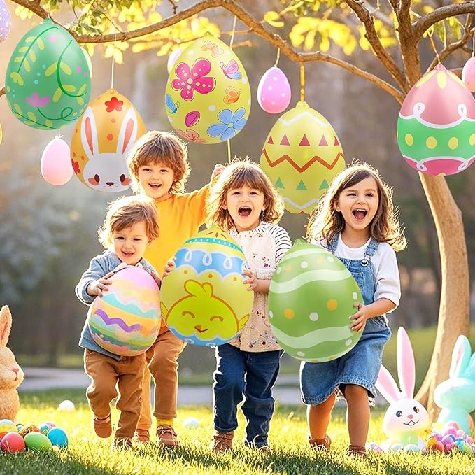 16 Packs 16 Inch Inflatable Easter Eggs Outdoor PVC Inflatable Hanging Eggs Blow Up Easter Egg for Egg Hunts Yard Garden Outdoor Decoration