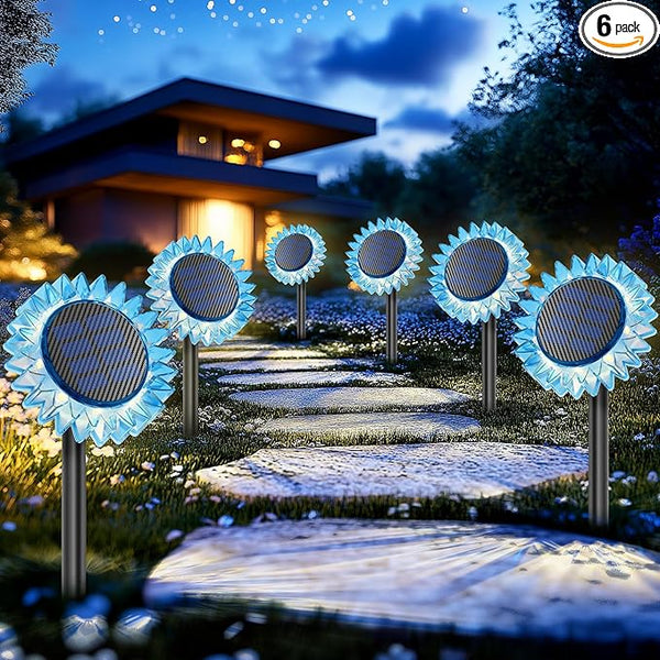 Solar Sunflower Lights - Upgraded 2-in-1 Solar Ground/Wall Lights, 6 Pack, Blue-Warm White, Outdoor Garden Courtyard Terrace Balcony Fence Path Decoration