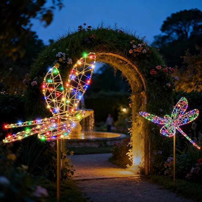 Lomotech Solar Garden Lights - 18" 240 Leds Foldable Outdoor Dragonfly Garden Decor, Waterproof Larger Outdoor Solar Lights with Iron for Garden Patio Yard Lawn Pathway Decorations (Multicolor)
