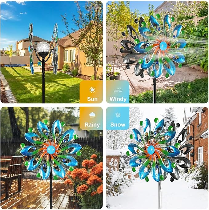 MLKNK Wind Spinners for Yard and Garden - Wind Sculptures & Spinners, 75 Inch, Navy Blue, Kinetic Art with Solar Powered Multi-Color Glass Ball Light