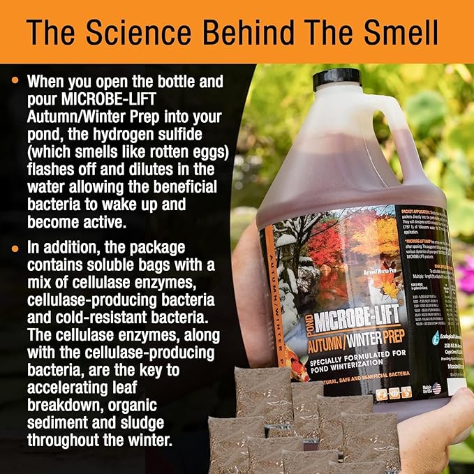 MICROBE-LIFT Autumn and Winter Prep Seasonal Conditioner for Ponds and Outdoor Water Gardens, Safe for Live Koi Fish, Plants, and Décor, 1 Gallon Liquid and 8 2-Ounce Packets