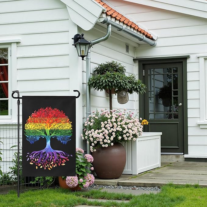 Gay Pride Garden Flag LGBTQ Rainbow Tree Life Yard Banner 12x18 Double Sided for Outside Lawn Seasonal Decorative Small