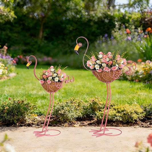 Set of 2 Pink Flamingo Outdoor Planters with Basket, Metal Flamingo Planter for Indoor Outdoor Garden Yard Decor (Flamingo-Planter)