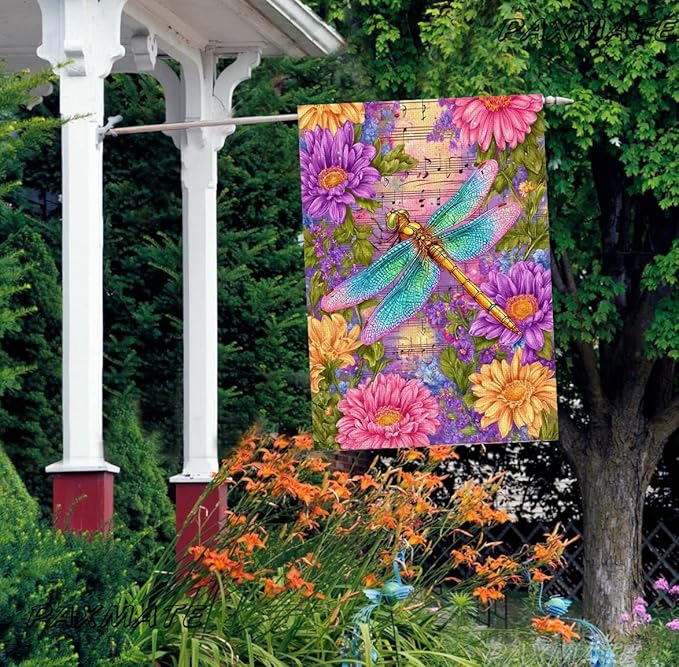 Spring Dragonfly House Flag 28 x 40 Double Sided Outside, Large Floral Flowers Yard Outdoor Flag for Summer Holiday Yard Porch Decor