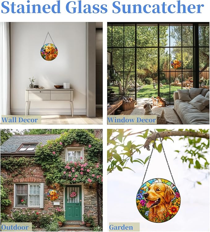 Stained Glass Suncatcher Golden Retriever Dog in Flowers Handmade Window Hangings Colored Glass Suncatcher Crafts Kits for Indoor Garden Christmas Decoration 16x16cm-1-2