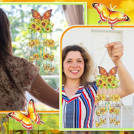GlikCeil Diamond Art Wind Chimes 3D Sunflower Butterfly DIY Diamond Art Kits Painting Suncatcher Wind Chime with Double Sided Crystal Hanging Ornament for Garden Decor(Sunflower Butterfly)