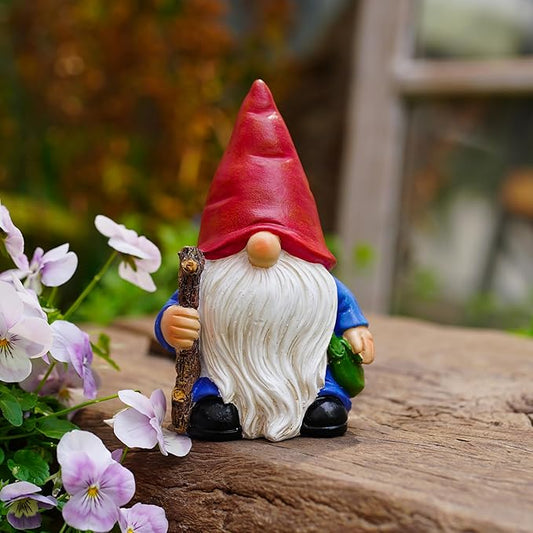Hand-Painted Traveler Resin Garden Gnome Statue 6.1in - Whimsical Explorer Figurine for Outdoor & Indoor Decor - Weather Resistant Gnome with Staff & Satchel for Patio, Yard, Lawn, Home & Gift