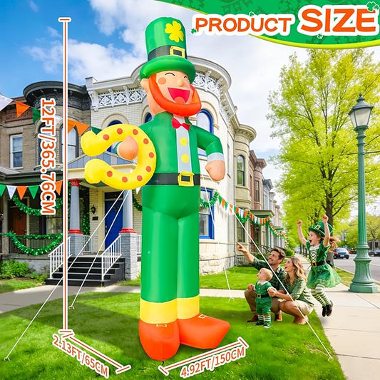 12Ft Giant St Patricks Day Inflatable Leprechaun with Horseshoes St Patricks Blow Up Inflatable Yard Decorations St Patricks Day Blow Up for Outdoor Garden Lawn Party(with Drawstring Bag)