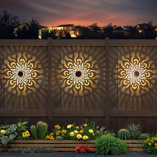 Solar Fence Lights 2 Pack Outdoor Deck Step Wall Lights Metal Waterproof LED Warm Yellow Light for Garden Post Patio Backyard Yard Decor (Mandala-4, 2)