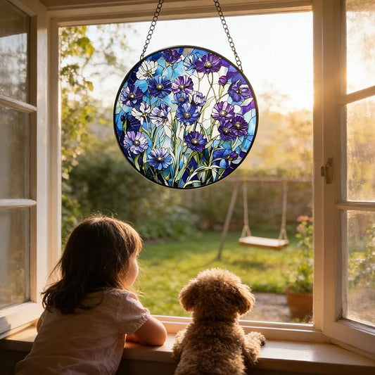 Stained Glass Blue Daisy Flower Suncatcher 7.8 Inch Rainbow Maker Window Hanging for Garden Outdoor Home Decor, Mom Friends Gift for Housewarming Birthday Christmas